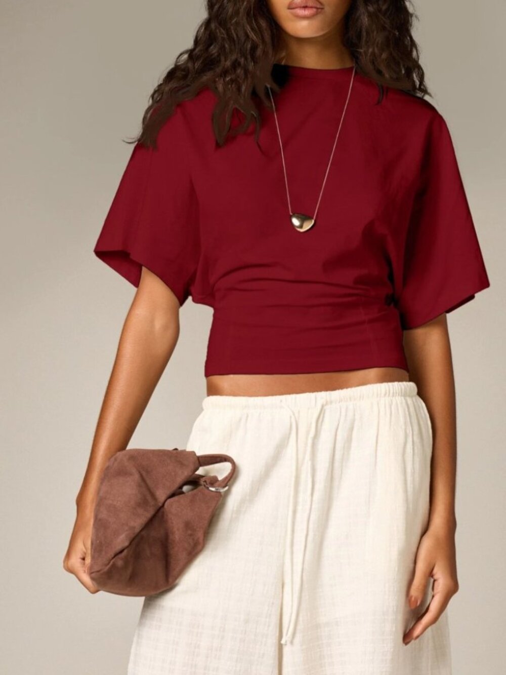 Burgundy Cropped Tee with Dolman Sleeves